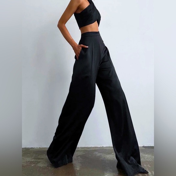 **sale**COMMENSE Oversized Satin Wide Leg Dress Pants Black XS - Picture 1 of 10